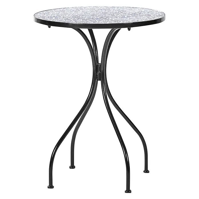 2-tlg Bistro Set CAMPRENA in Schwarz/Blau/Weiß -  - Runder Bistrotisch mit blau-rot-weißem Mosaikmuster und schwarzem, gebogenem Metallgestell.