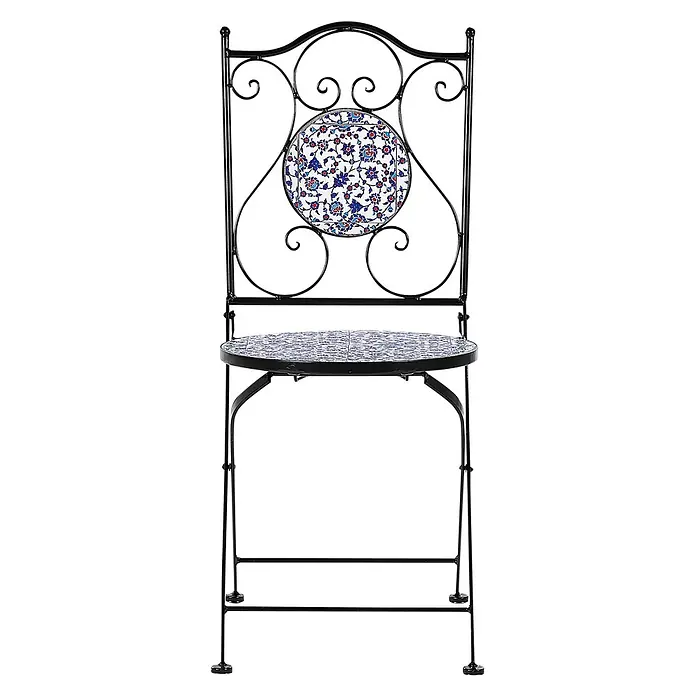 2-tlg Bistro Set CAMPRENA in Schwarz/Blau/Weiß -  - Schwarzer Schmiedeeisen-Gartenstuhl mit runder Rückenlehne und Sitzfläche mit blau-rotem Blumenmosaik.