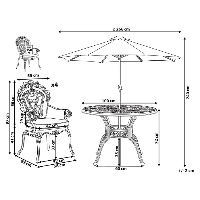 10-tlg Gartentisch Set SAPRI in Braun/Grün/Beige -  - Verziertes Outdoor-Essgarnitur mit rundem Tisch, vier Stühlen und Sonnenschirm, mit Maßen.