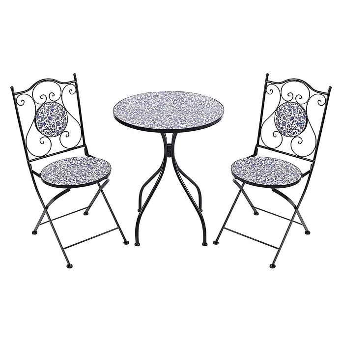 2-tlg Bistro Set CAMPRENA in Schwarz/Blau/Weiß -  - Bistro-Set aus schwarzem Metall mit Rundtisch und zwei Stühlen, alle mit blau-weißen floralen Mosaikmustern.