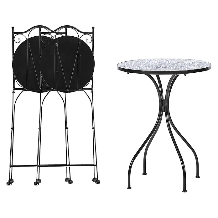 2-tlg Bistro Set CAMPRENA in Schwarz/Blau/Weiß -  - Schwarz schmiedeeisernes Terrassen-Bistro-Set mit zwei Klappstühlen und rundem Mosaiktisch.