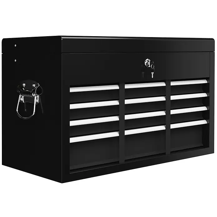 SONNENH Werkzeugkoffer, Stahl, 60 x 26 cm, Schwarz -  - Schwarzer Werkzeugkasten aus Metall mit zehn Schubladen, silbernen Griffen und einem Schlüsselschloss.