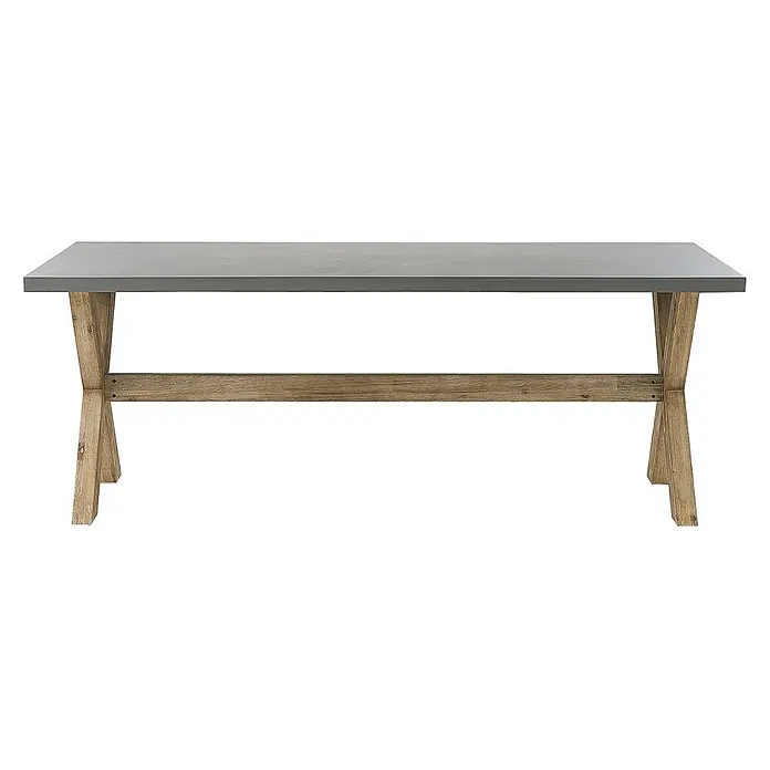 13-tlg Gartentisch Set MAROS/OLBIA in Naturfarben/Grau/Beige -  - Rechteckiger Tisch mit grauer Platte und natürlichen Holz-Kreuzbeinen, verbunden durch einen Querbalken.