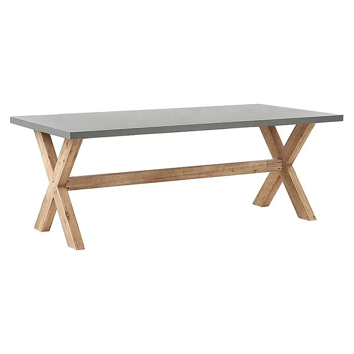 13-tlg Gartentisch Set MAROS/OLBIA in Naturfarben/Grau/Beige -  - Rechteckiger Tisch mit grauer Platte und rustikalen X-förmigen Holzbeinen, verbunden durch einen Querbalken.