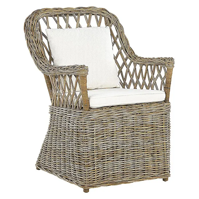13-tlg Gartentisch Set MAROS/OLBIA in Naturfarben/Grau/Beige -  - Natürlicher Flecht-Sessel aus Korbgeflecht mit weißen Sitz- und Rückenkissen.
