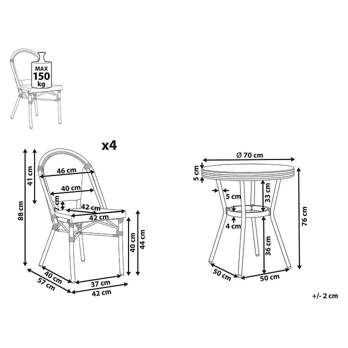 5-tlg Gartentisch Set RIFREDDO in Grau/Braun -  - Strichzeichnung eines Bistrotisches und eines Stuhls mit allen Maßen. Stuhl max. Belastung 150 kg, Set enthält 4 Stühle.