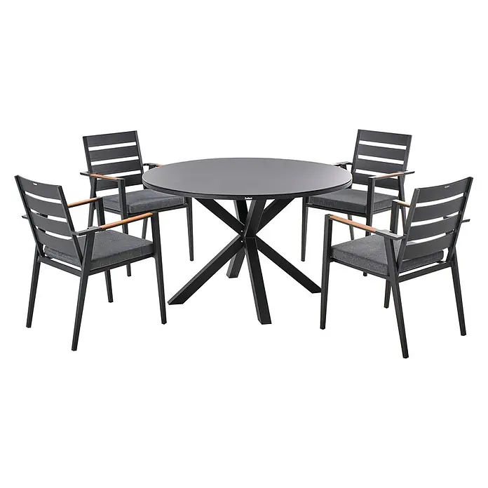 9-tlg Gartentisch Set MALETTO/TAVIANO in Schwarz/Braun -  - Modernes Outdoor-Essset mit schwarzem runden Glastisch mit sternförmigem Gestell und vier schwarzen Stühlen mit grauen Kissen und Holzarmlehnen.