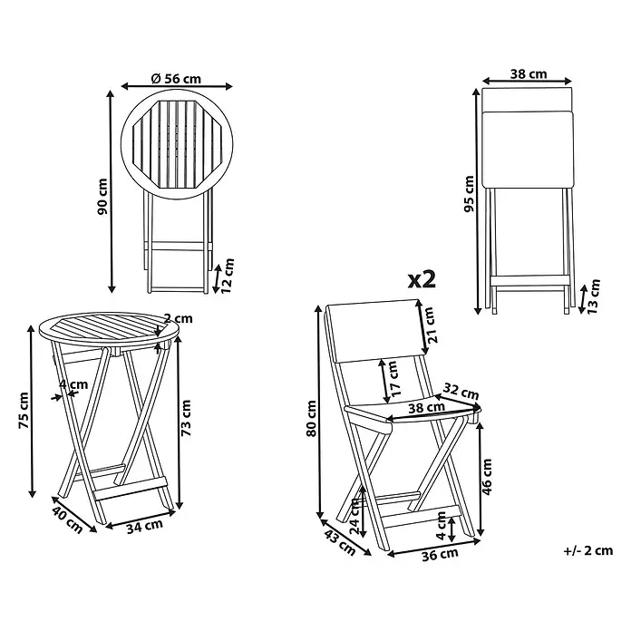 3-tlg Bistro Set RIVAROTTA in Braun/Schwarz -  - Klappbares Garten-Bistro-Set mit rundem Tisch und zwei Stühlen, Maße dargestellt.