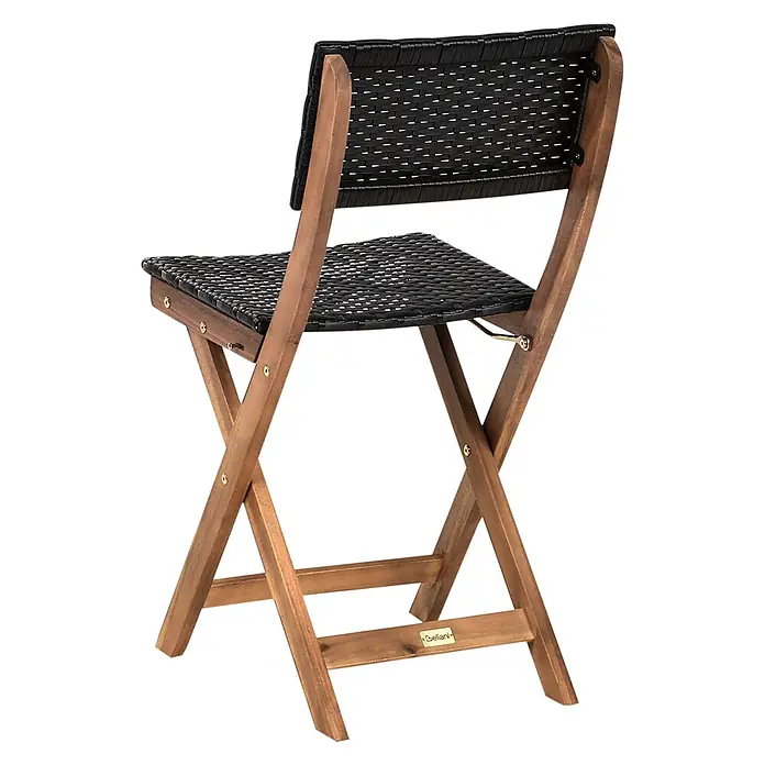 3-tlg Bistro Set RIVAROTTA in Braun/Schwarz -  - Klappstuhl mit Holzrahmen und schwarzer geflochtener Rattan-Sitzfläche und Rückenlehne, von hinten-seitlich gezeigt.