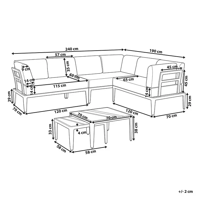 5-tlg Lounge Set RIMA in Beige linksseitig -  - Strichzeichnung einer Garten-Ecksofa-Gruppe mit zwei Beistelltischen und Maßen.