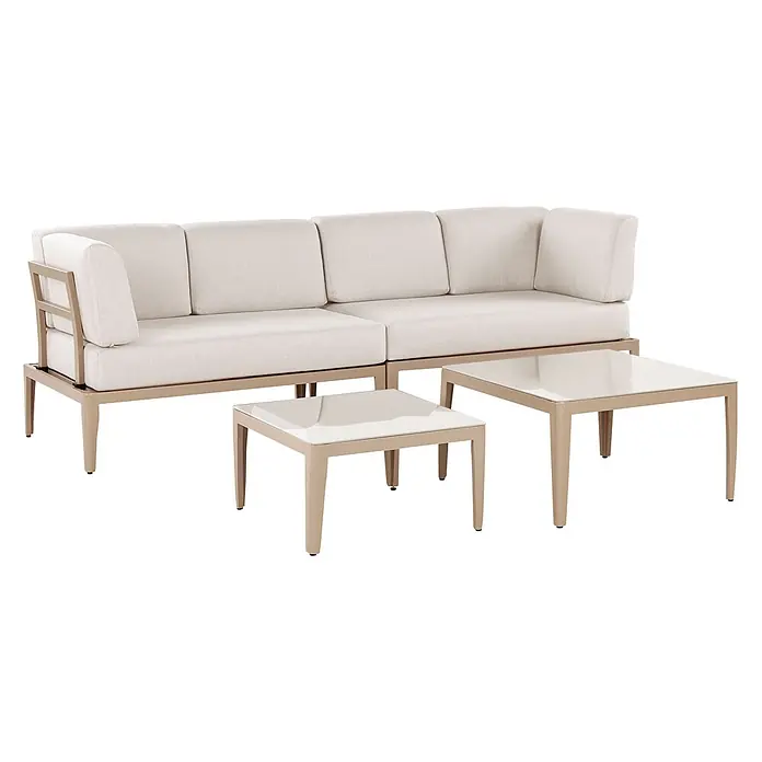 5-tlg Lounge Set RIMA in Beige linksseitig -  - Outdoor-Sofa-Set mit hellbeigen Stoffkissen und hellbraunem Metallrahmen, dazu zwei passende Couchtische mit Glasplatte.