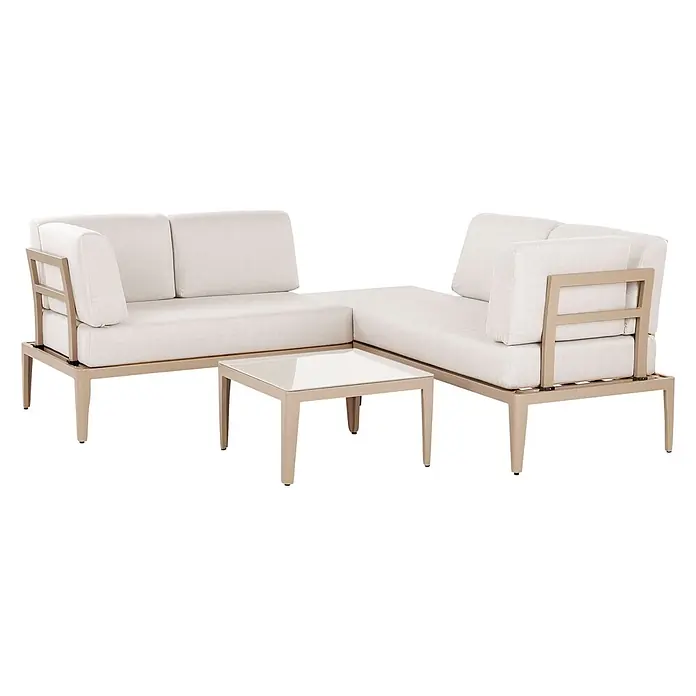 5-tlg Lounge Set RIMA in Beige linksseitig -  - Modulares L-förmiges Outdoor-Sofa und quadratischer Tisch mit hellbeigen Metallgestellen, cremefarbenen Kissen und Glasplatte.