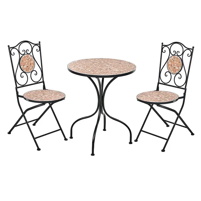 3-tlg Bistro Set ADRANO in Schwarz/Braun/Orange -  - Bistro-Set mit schwarzem Metalltisch und zwei Klappstühlen, runden Pfirsich-Terrazzoplatten.
