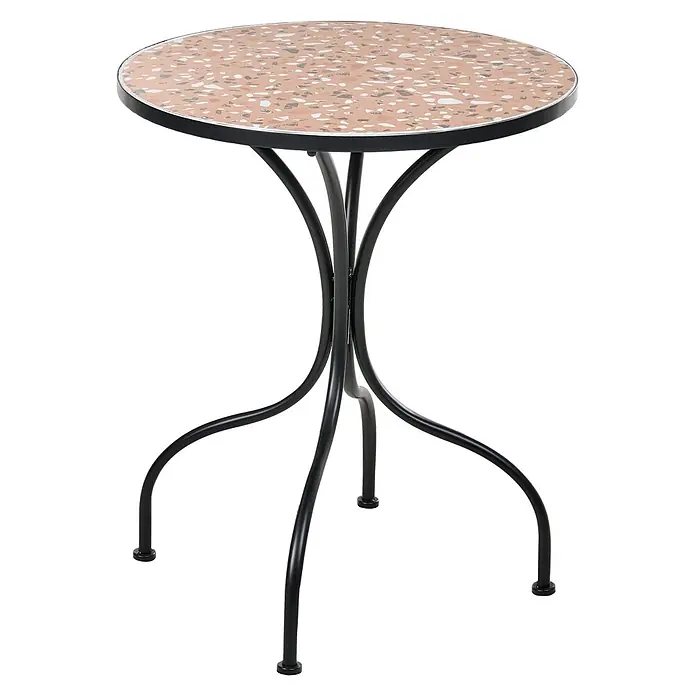3-tlg Bistro Set ADRANO in Schwarz/Braun/Orange -  - Runder Bistrotisch mit gesprenkelter rosafarbener Terrazzo-Tischplatte und schwarzen gebogenen Metallbeinen.