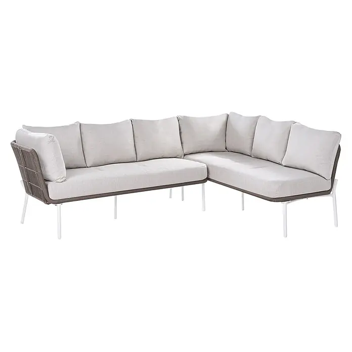 5-tlg Lounge Set ROBELLA in Beige/Weiß/Braun -  - L-förmiges Gartenecksofa mit hellgrauen Kissen, braunem Geflecht und weißen Metallbeinen.