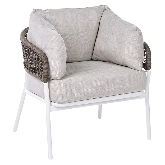 5-tlg Lounge Set ROBELLA in Beige/Weiß/Braun -  - Outdoor-Sessel mit weißem Metallgestell, braunen Geflechtarmlehnen und hellgrauen Stoffkissen.