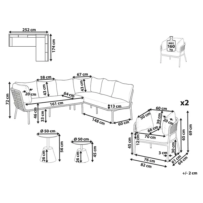 5-tlg Lounge Set ROBELLA in Beige/Weiß/Braun -  - Bemaßungszeichnung eines Gartenmöbelsets mit Ecksofa, zwei Sesseln und zwei Beistelltischen, die verschiedene Maße zeigt.