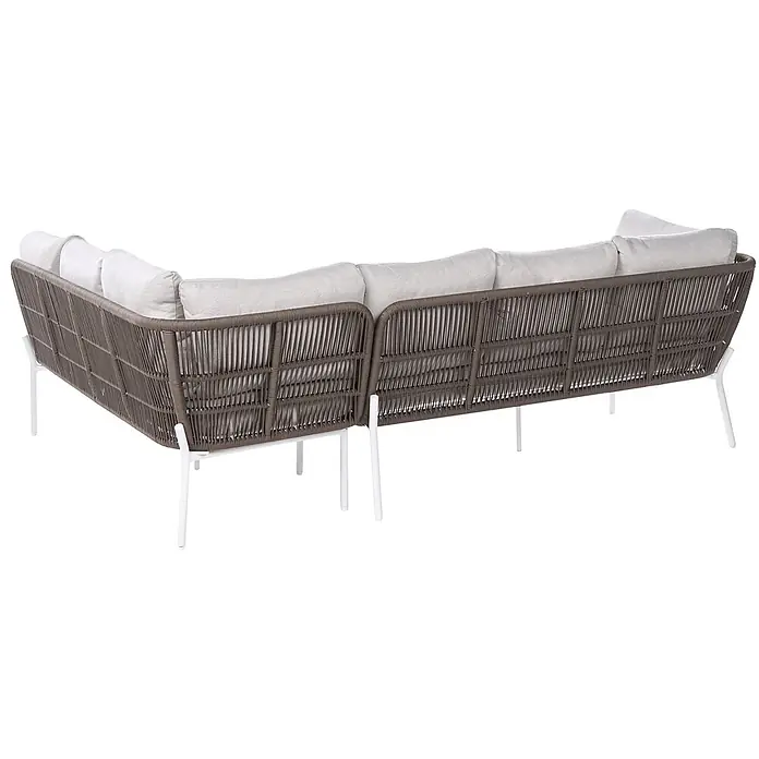 5-tlg Lounge Set ROBELLA in Beige/Weiß/Braun -  - Rückansicht eines braunen Outdoor-Ecksofas aus Geflecht mit hellen Polstern und weißen Metallbeinen.