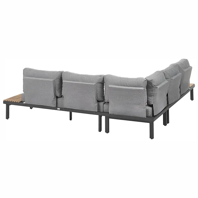 11-tlg Lounge Set FIVIZZANO in Grau/Braun -  - Graues Outdoor-Ecksofa mit dunkelgrauem Metallgestell und seitlicher Holzleistenablage, von hinten gesehen.