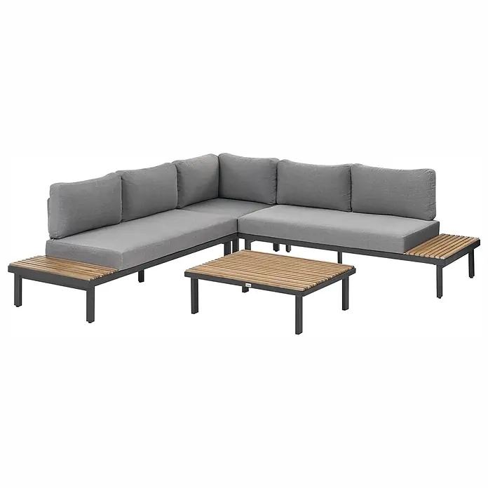 11-tlg Lounge Set FIVIZZANO in Grau/Braun -  - L-förmige Outdoor-Lounge-Sitzgruppe mit grauen Kissen, dunklem Metallrahmen und hölzernen Lamellen-Seiten- und Couchtischen.