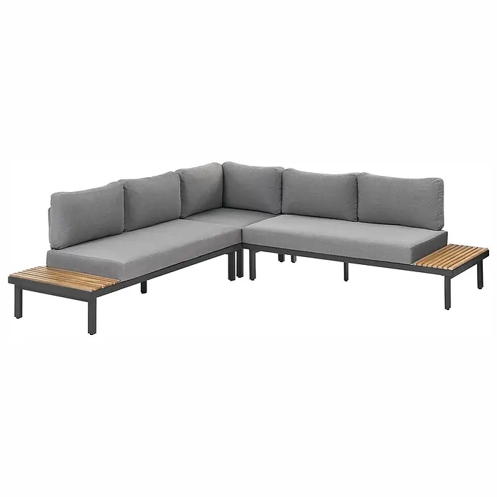 11-tlg Lounge Set FIVIZZANO in Grau/Braun -  - Graues Outdoor-Eckloungesofa mit dunklem Rahmen und integrierten Holzlamellen-Beistelltischen an beiden Enden.