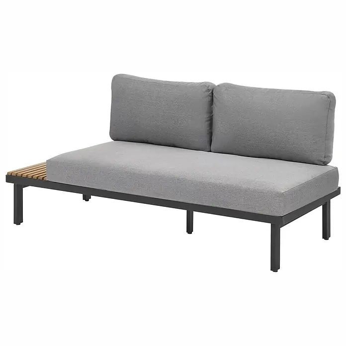 11-tlg Lounge Set FIVIZZANO in Grau/Braun -  - Zweisitzer Outdoor-Sofa mit grauen Kissen, dunklem Metallrahmen und einer Holzlatten-Seitenablage.