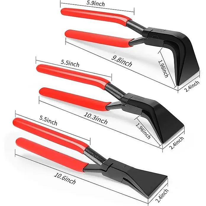 SONNENH 3-tlg. Falzzangen-Set, 60 mm, gerade, 45° und 90° -  - Drei rot-schwarze Leinwandspannzangen in verschiedenen Größen mit angegebenen Maßen.