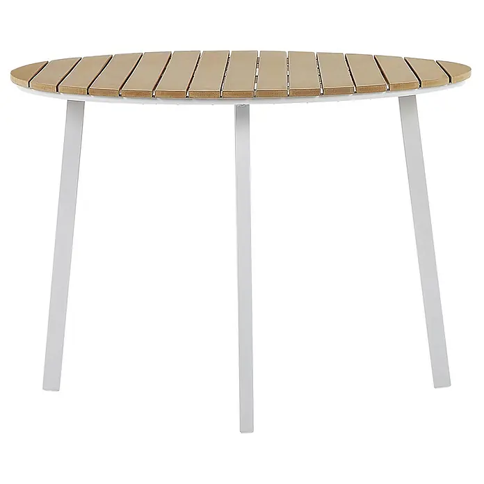 9-tlg Gartentisch Set CAVOLI in Weiß/Beige/Braun -  - Runder Outdoor-Tisch mit heller, gelatteter Holzplatte und weißen Metallbeinen.