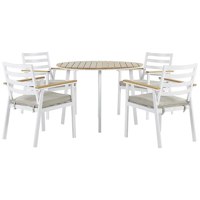 9-tlg Gartentisch Set CAVOLI in Weiß/Beige/Braun -  - Gartenmöbel-Set mit rundem Holztisch und vier weißen Metallstühlen mit Holzarmlehnen und beigefarbenen Polstern.
