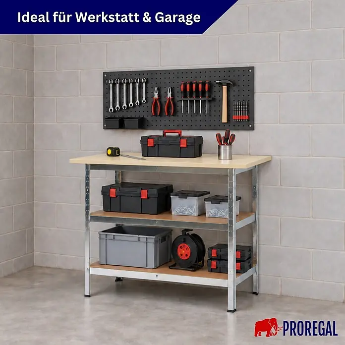 Profi Werkbank TAURUS 1 Tischplatte + 2 Fachböden 120x60x25cm Verzinkt -  - Stabile Werkbank mit Metallrahmen, Holzablagen und Lochwand für Werkzeuge in einer Werkstatt.