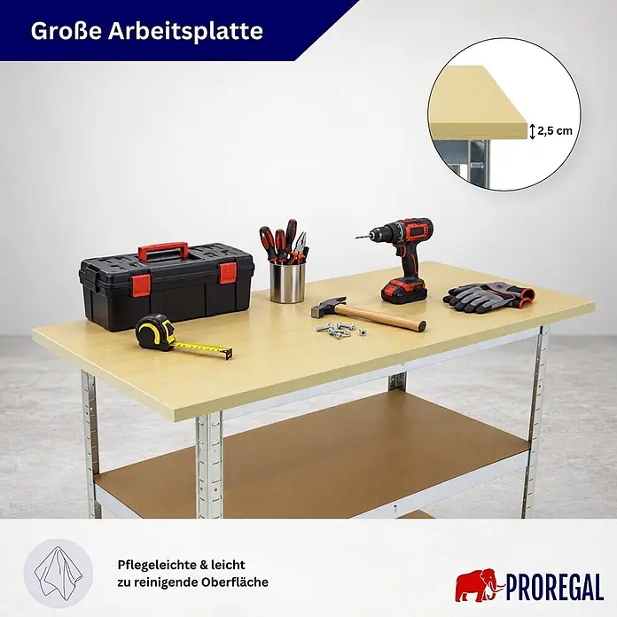 Profi Werkbank TAURUS 1 Tischplatte + 2 Fachböden 120x60x25cm Verzinkt -  - Große, pflegeleichte Werkbank mit hellbrauner Arbeitsplatte, braunem Regalboden und Metallgestell, mit Werkzeug dargestellt.