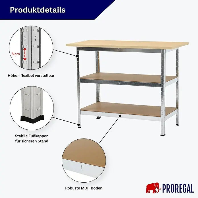 Profi Werkbank TAURUS 1 Tischplatte + 2 Fachböden 120x60x25cm Verzinkt -  - Ein höhenverstellbarer Werkbank/Regal mit robusten MDF-Böden und stabilen Fußkappen.