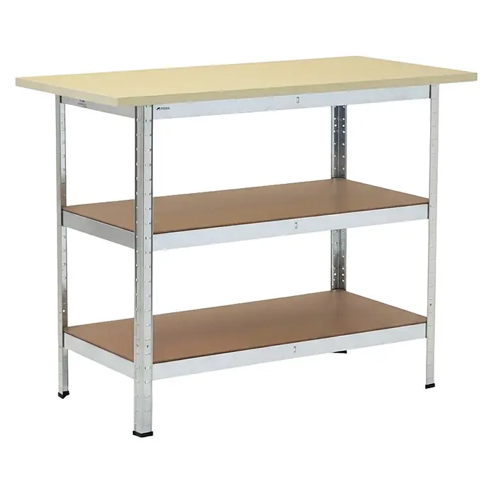 Profi Werkbank TAURUS 1 Tischplatte + 2 Fachböden 120x60x25cm Verzinkt -  - Metall-Werkbank mit heller Holzplatte und zwei braunen unteren Ablageflächen.