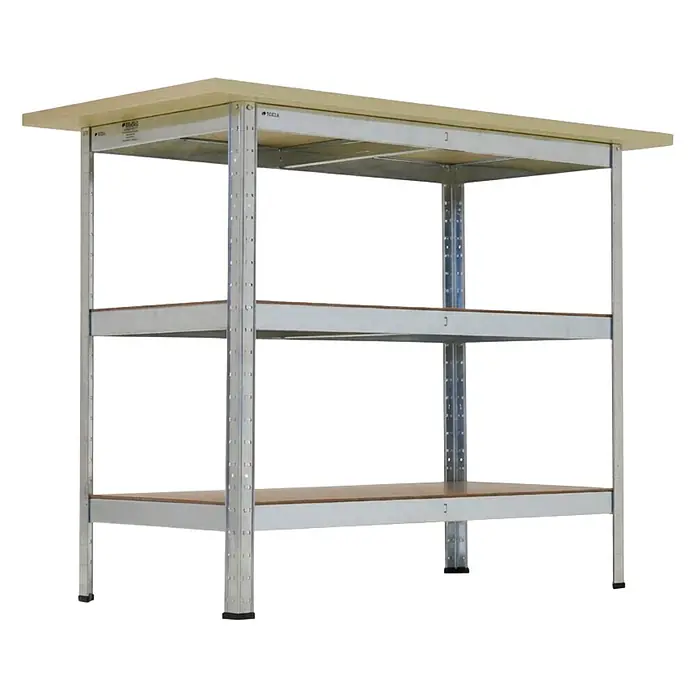 Profi Werkbank TAURUS 1 Tischplatte + 2 Fachböden 120x60x25cm Verzinkt -  - Verzinkte Stahlwerkbank mit drei hellen Holzregalböden.
