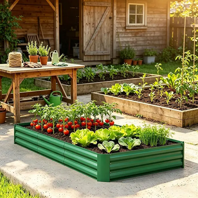 SONNENH Hochbeet 240 x 120 x 30 cm, Grün, offener Boden -  - Grünes Metall-Hochbeet mit verschiedenen Gemüsesorten in reicher Erde, auf einer Betonplatte im sonnigen Garten.