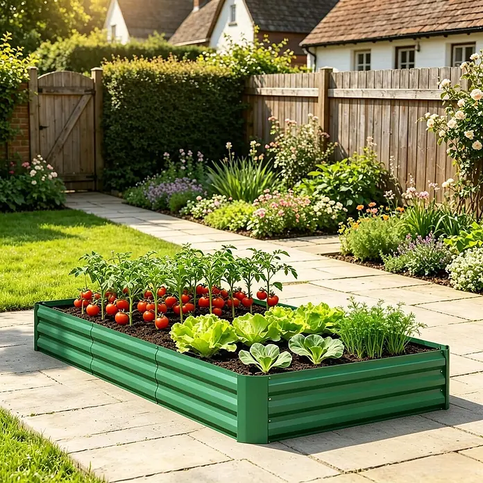 SONNENH Hochbeet 240 x 120 x 30 cm, Grün, offener Boden -  - Grünes Hochbeet aus Wellblech in einem sonnigen Garten, gefüllt mit Tomaten, Salat und Karotten.