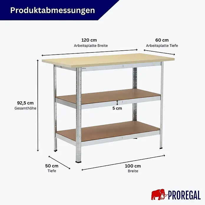 Profi Werkbank TAURUS 1 Tischplatte + 2 Fachböden 120x60x25cm Verzinkt -  - Verzinkte Metallwerkbank mit heller Holzplatte und zwei verstellbaren Einlegeböden.