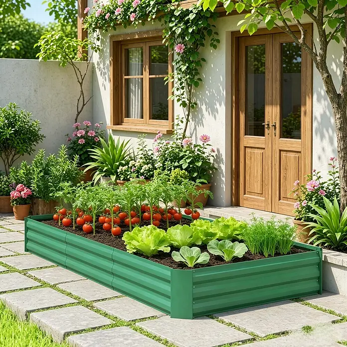 SONNENH Hochbeet 240 x 120 x 30 cm, Grün, offener Boden -  - Grünes Hochbeet aus Wellblech, mit Gemüse und Kräutern bepflanzt, in einem sonnigen Garten.