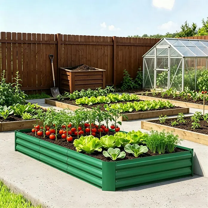 SONNENH Hochbeet 240 x 120 x 30 cm, Grün, offener Boden -  - Grünes Hochbeet aus Wellblech mit Tomaten, Salat und Dill auf einer Betonterrasse im Hausgarten.