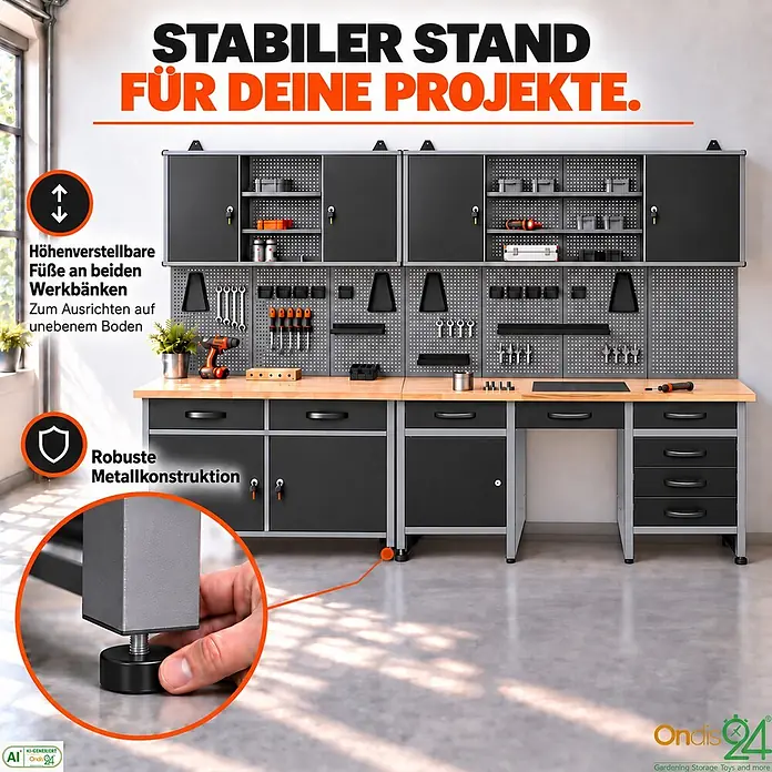 Ondis24 Werkstatt Set Herkules 280cm 2 Schränke -  - Robustes grau-schwarzes Metall-Werkbanksystem mit Holzplatte. Höhenverstellbare Füße sorgen für stabilen Stand auf unebenem Boden, ideal für Projekte.