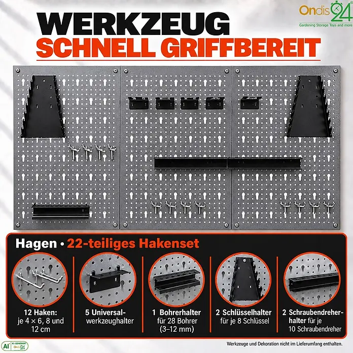 Ondis24 Werkstatt Set Herkules 280cm 2 Schränke -  - Graue perforierte Werkzeugwand mit schwarzen Haltern für Bohrer, Schlüssel, Schraubendreher und Universaleinsatz sowie silbernen Haken.