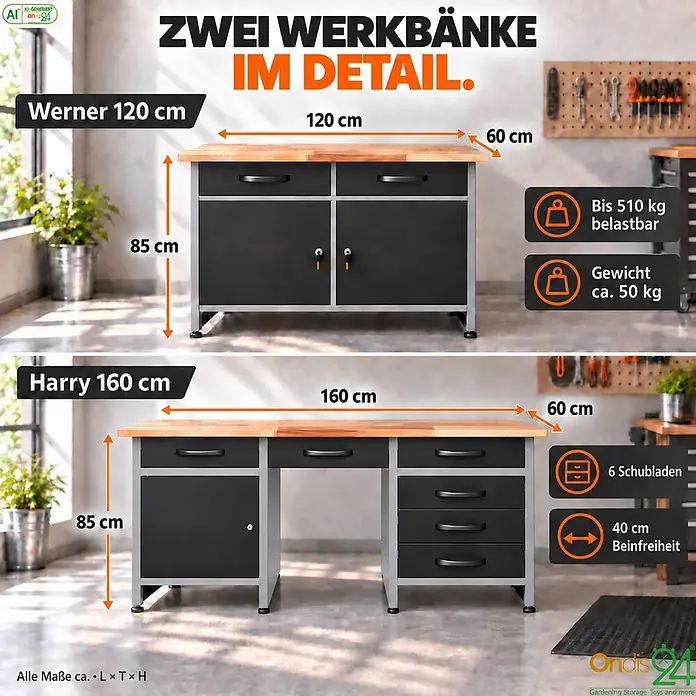Ondis24 Werkstatt Set Herkules 280cm 2 Schränke -  - Zwei schwarz-graue Werkbänke mit Holzplatten. Eine mit Schränken (120 cm), eine mit Schubladen (160 cm) und Beinfreiheit.