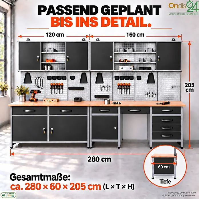 Ondis24 Werkstatt Set Herkules 280cm 2 Schränke -  - Graues und schwarzes Werkbank-System mit Holzplatte und viel Stauraum, bestehend aus Schränken, Schubladen und Lochwänden.
