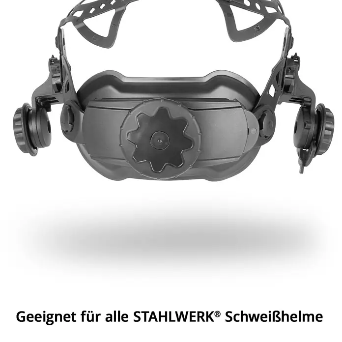 3er-Set Kopfband für Schweißhelme verstellbar 55-62 cm Schweißband -  - Dunkelgraue Kunststoff-Kopfhalterung für einen Schweißhelm mit verstellbaren Riemen und sternförmigen Einstellknöpfen.