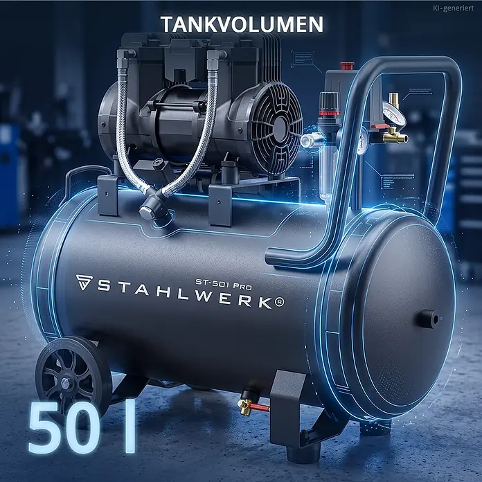 STAHLWERK Kompressor (ST-501 Pro) 50 L Tank, 10 bar, ölfrei & leise 70dB 1400 W - 1,97 PS - Schwarzer STAHLWERK Kompressor (50 l Tankvolumen) auf Rädern in Werkstattumgebung.