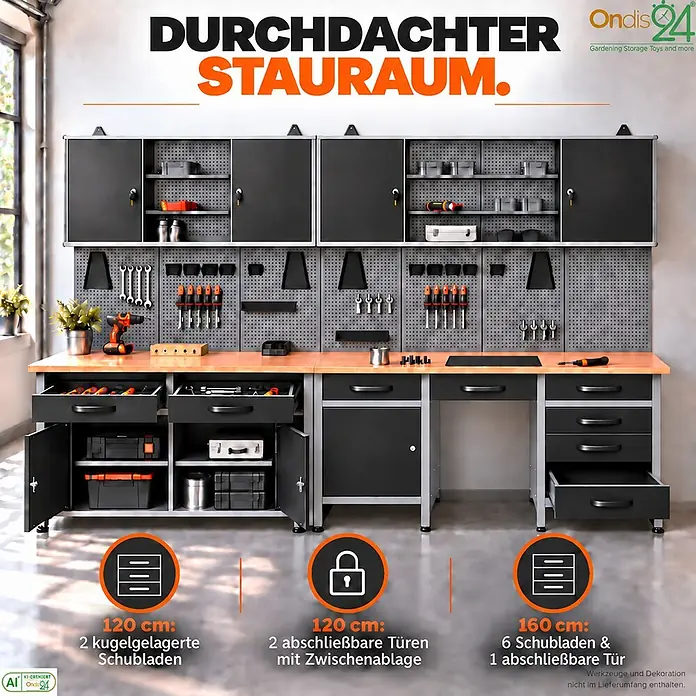 Ondis24 Werkstatt Set Herkules 280cm 2 Schränke -  - Modulare grau-schwarze Werkbank mit Holzplatte, Schubladen, Schränken und Lochwänden, gefüllt mit Werkzeugen.