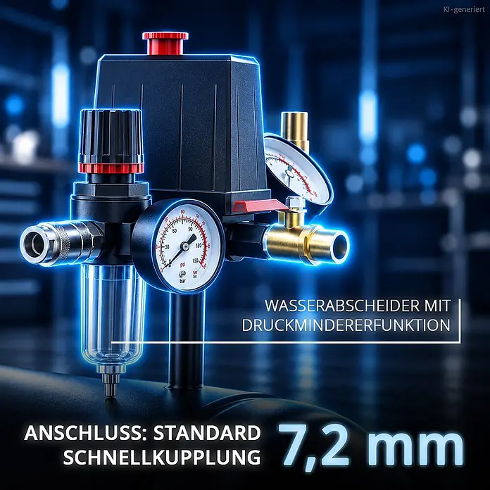 Kompressor - ST-501 Pro - Schwarzer Druckluft-Wasserabscheider mit Druckminderer, transparentem Filter, zwei Manometern und 7,2 mm Standard-Schnellkupplung.