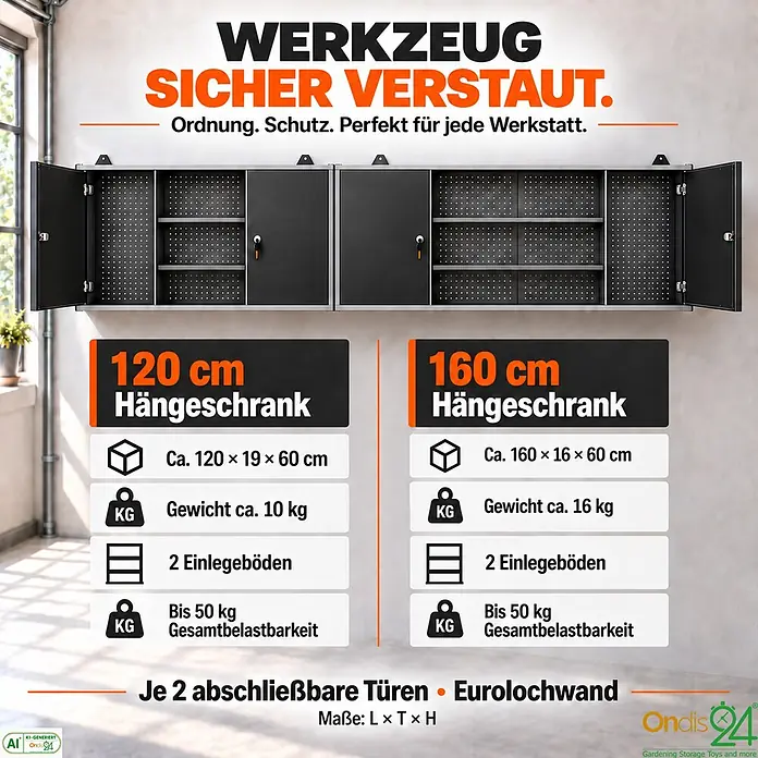Ondis24 Werkstatt Set Herkules 280cm 2 Schränke -  - Zwei dunkelgraue Metall-Hängeschränke für Werkzeug, abschließbar und mit Eurolochwand, in 120 cm und 160 cm Breite.