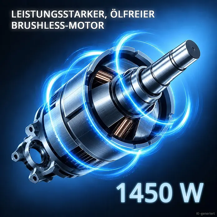 STAHLWERK Kompressor (ST-501 Pro) 50 L Tank, 10 bar, ölfrei & leise 70dB 1400 W - 1,97 PS - Leistungsstarker, ölfreier 1450W Brushless-Motor mit Metallteilen und Kupferspulen, betont durch blaue Energieeffekte.