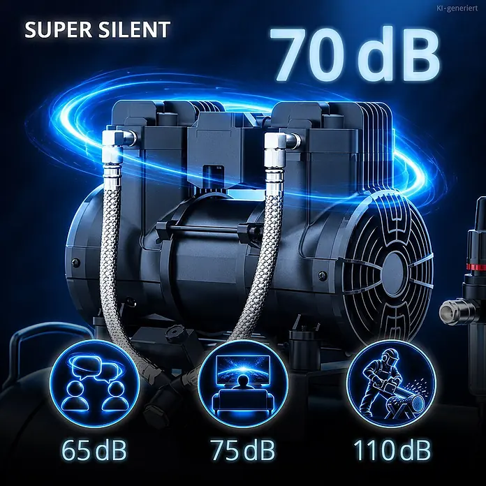 STAHLWERK Kompressor (ST-501 Pro) 50 L Tank, 10 bar, ölfrei & leise 70dB 1400 W - 1,97 PS - Dunkler Luftkompressor, der seine 70 dB superleise Funktion mit vergleichenden Geräuschpegel-Symbolen darstellt.